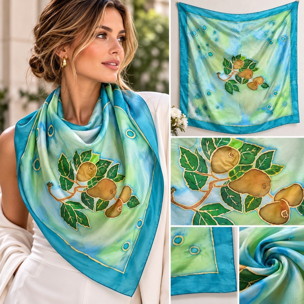 Hand Painted 100% Silk Scarf 35x35 Turquoise Green Blue Pears Botanical #1593